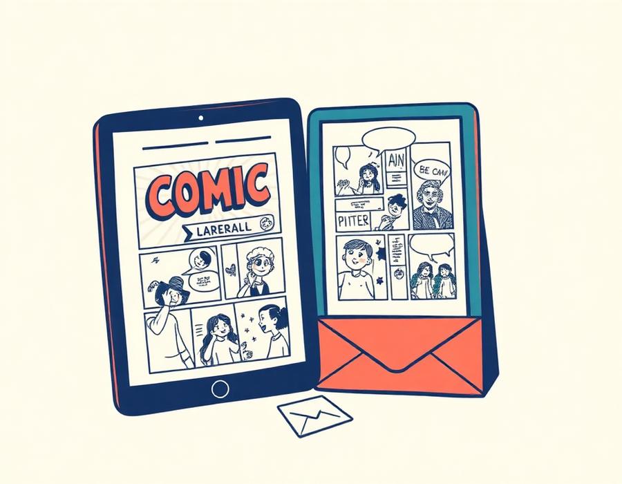 Komiks obok tabletu ze stroną komiksu i koperta