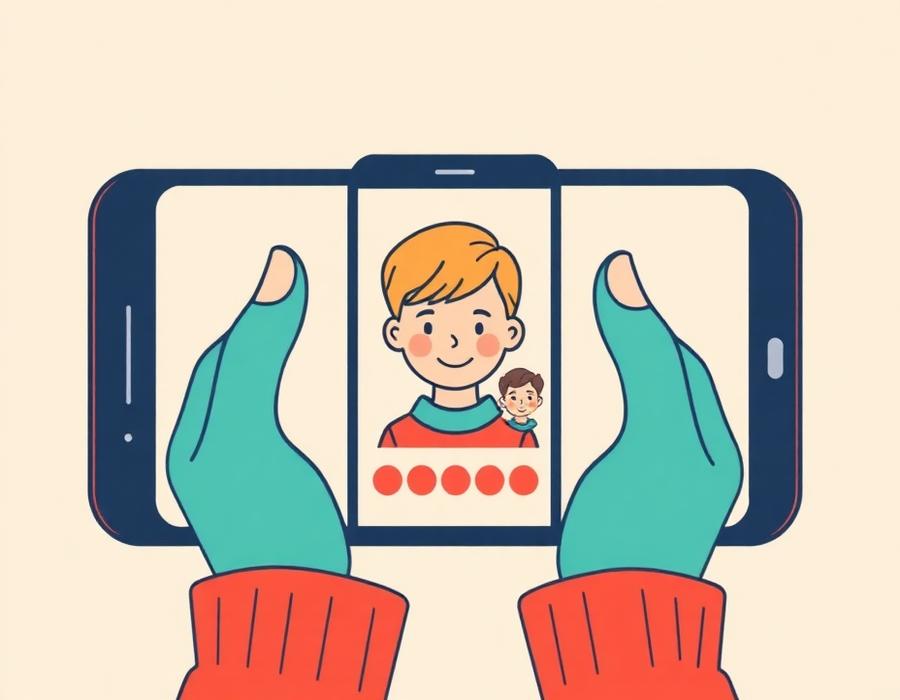 Dłonie trzymające telefon ze zdjęciem dziecka obok kreatora awatara